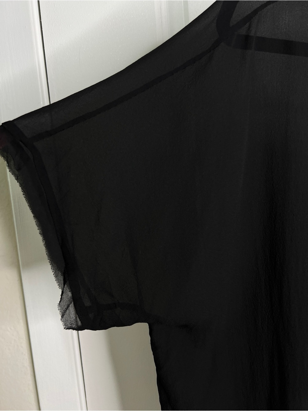 Eileen Fisher Sheer Silk Blouse Black Hi-Lo Hem Boxy Short Sleeve Top Large - Picture 3 of 5